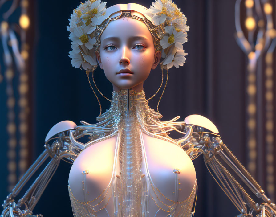 Female robot with intricate mechanical parts and ornate headgear.