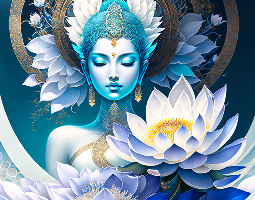 Blue-skinned figure with closed eyes in ornate headdress among lotus flowers