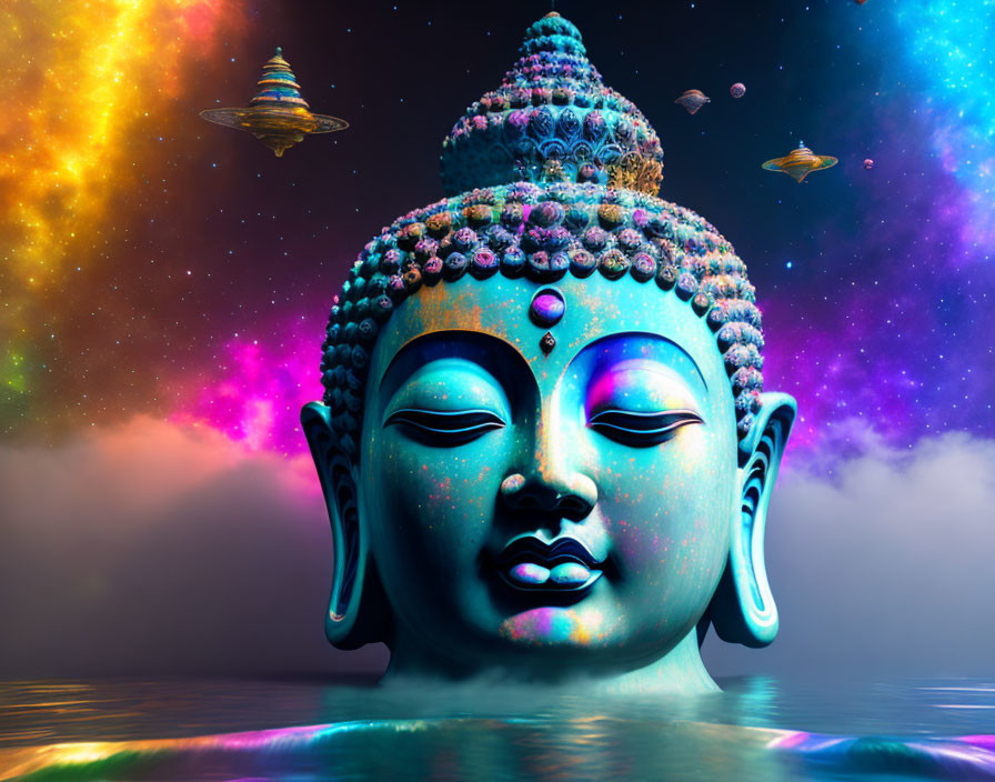 Vibrant digital artwork: Buddha statue head with cosmic background