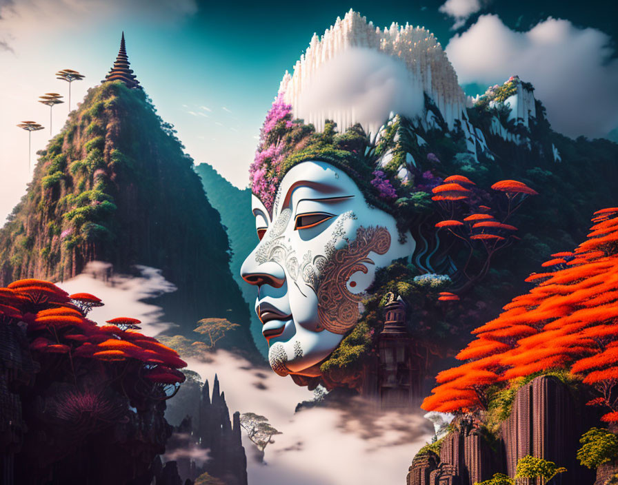 Surreal landscape featuring giant mask, red trees, temples, and snow-capped peaks