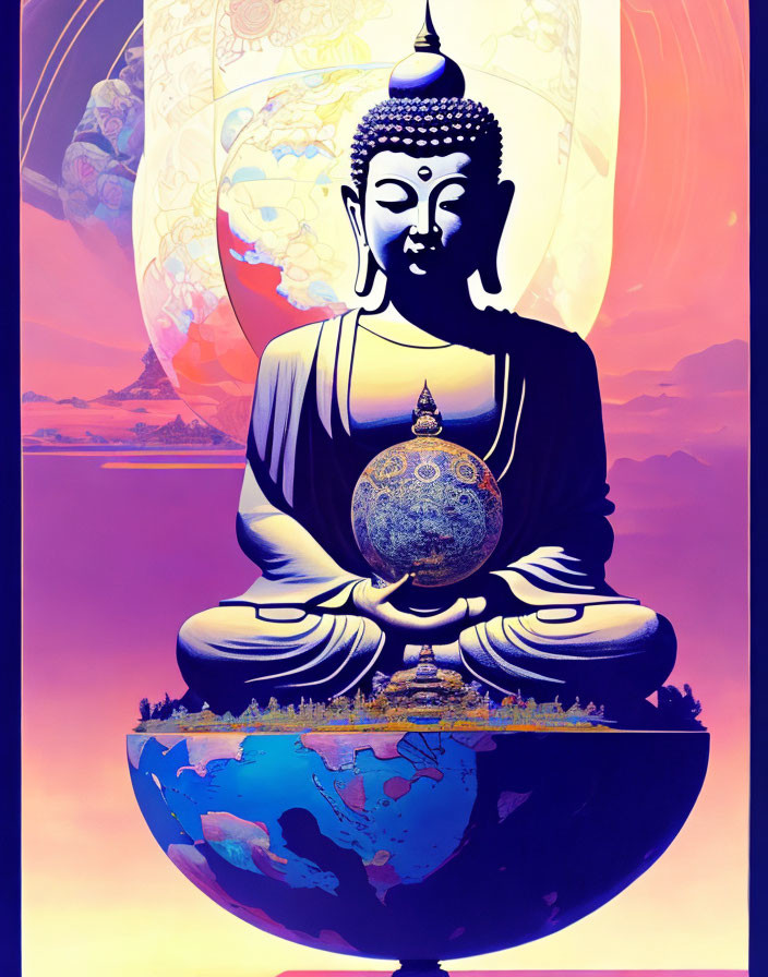 Meditating Buddha holding globe with cosmic background