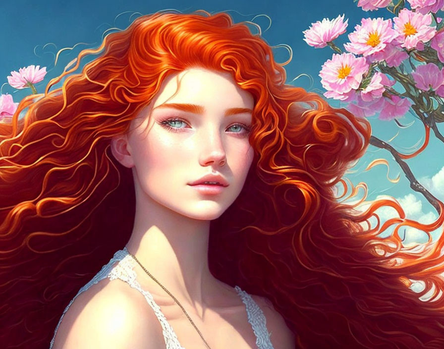 Woman with flowing red hair and blue eyes in nature scene