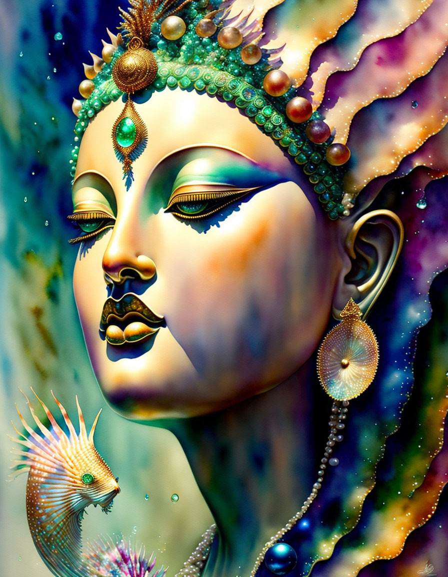 Colorful artwork: stylized female face, elaborate headdress, cosmic background, fantastical fish