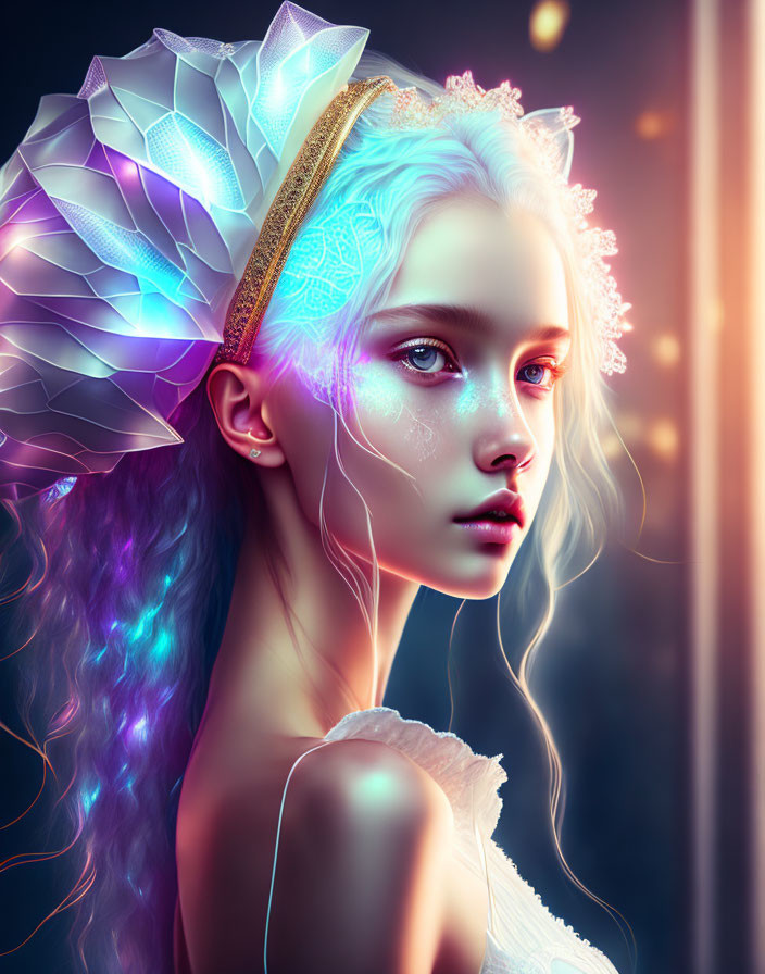 Iridescent Hair Woman Portrait with Geometric Headpiece