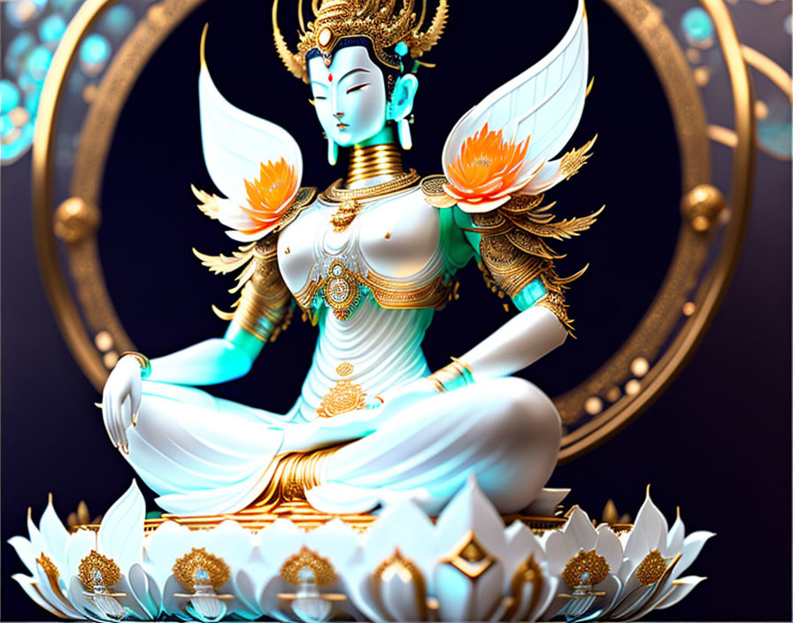 Colorful artistic depiction of serene deity with multiple arms and lotus flowers