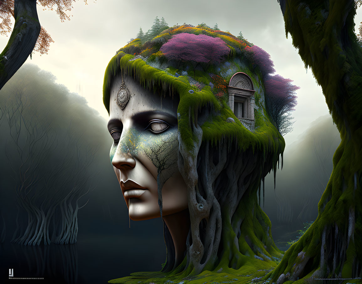 Surreal artwork: giant sculpted head with house and vegetation details in foggy forest