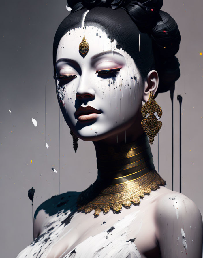 Ornate gold headpiece and makeup on woman in 3D illustration