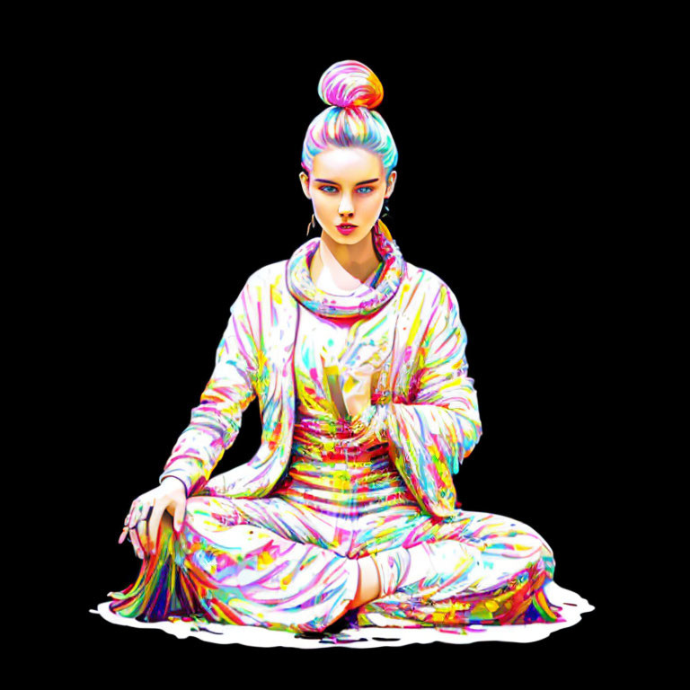 Neon-painted woman in meditative pose on black background