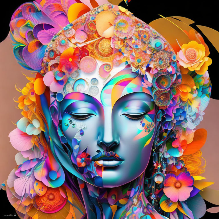 Colorful digital artwork of stylized female face with flowers and abstract shapes