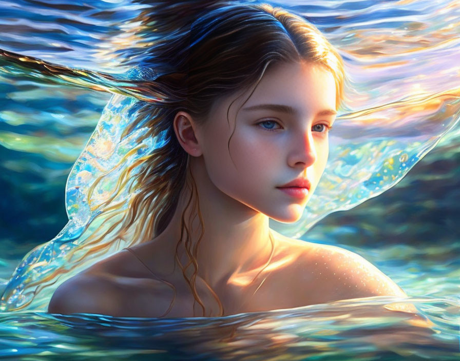 Vibrant digital art portrait of a young woman submerged in water