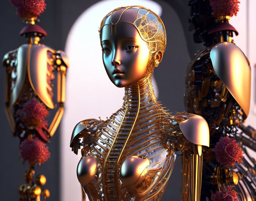 Golden female robotic figure with intricate designs and red spheres on soft-lit backdrop