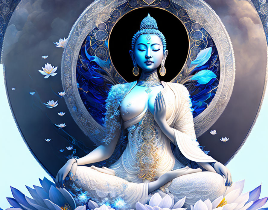 Serene blue deity with gold details in lotus position amid floating lotuses