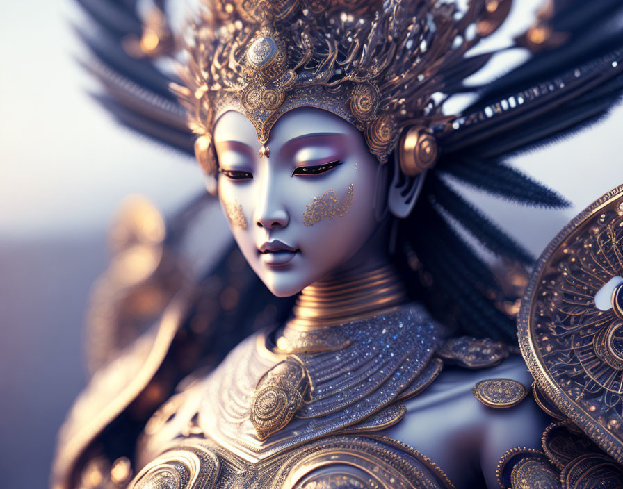 Detailed 3D illustration of mystical female figure in golden armor