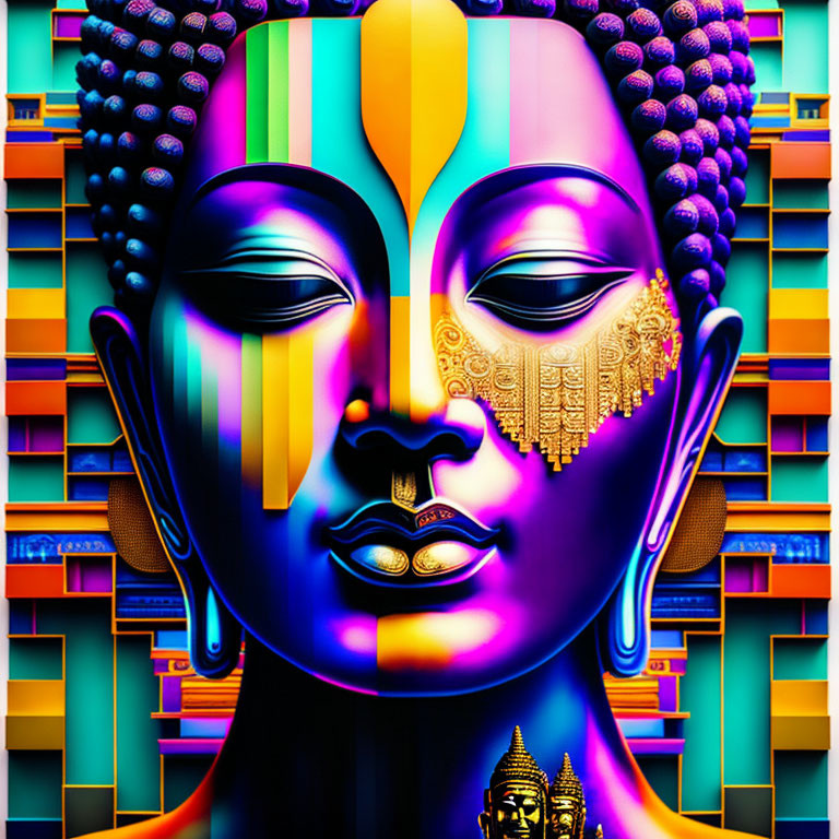 Symmetrical Buddha face with vivid colors and intricate patterns