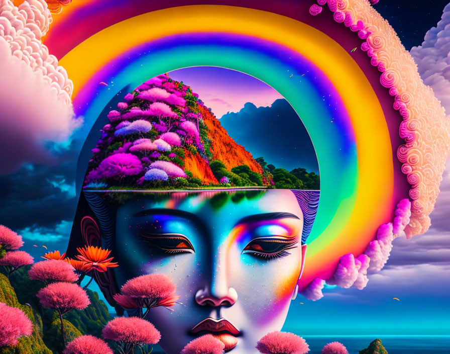 Colorful Buddha face in fantasy landscape with rainbow and whimsical clouds