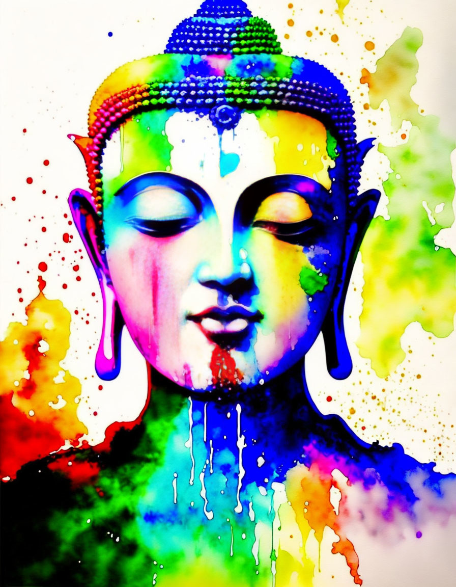 Colorful Buddha Face Artwork with Rainbow Watercolor Splashes