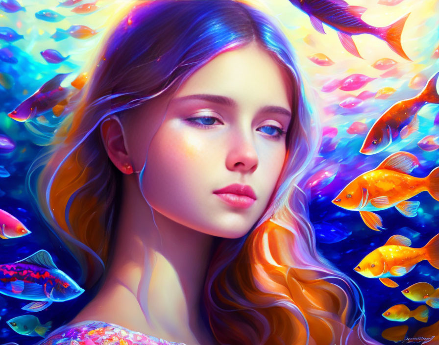 Colorful digital artwork of young woman with multicolored hair and fish in blue background