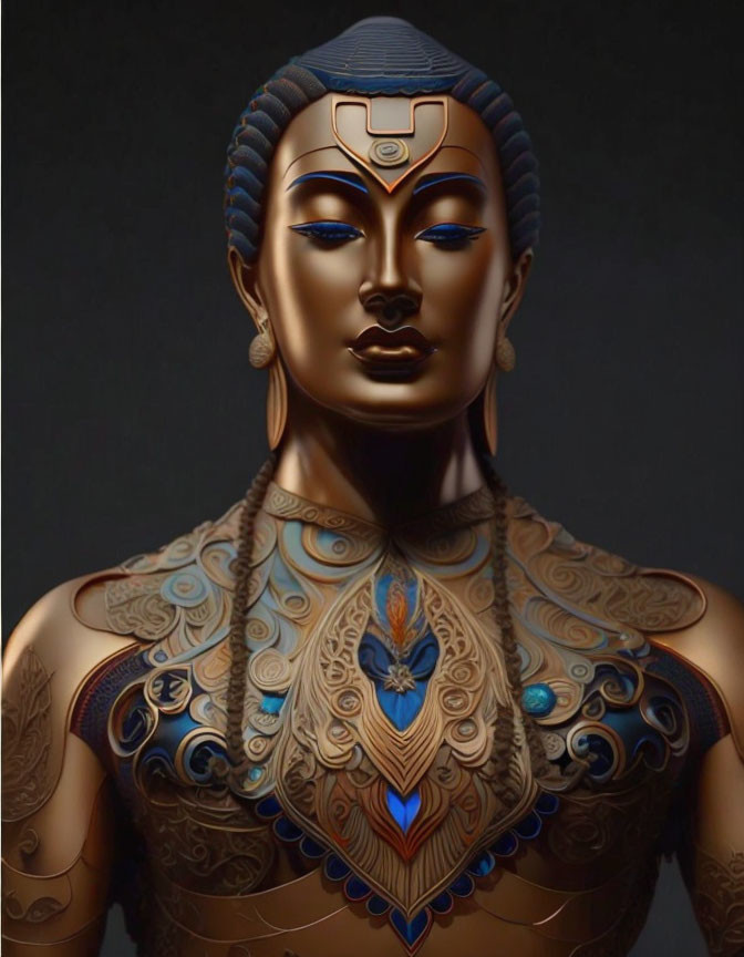 Stylized Figure with Golden-Brown Skin and Intricate Blue and Gold Adornments