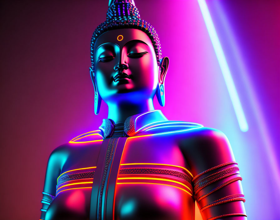 Neon-colored Buddha statue in digital art