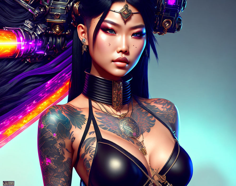 Digital artwork: Woman with tattoos, black hair, gold accessories, vibrant sword