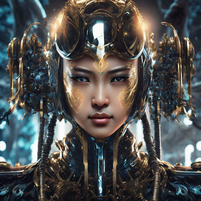 Futuristic digital art portrait of a woman in ornate armor against mystical forest.