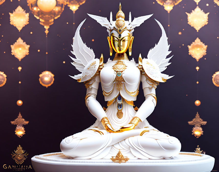 White multi-armed figure with golden face in ornate setting.