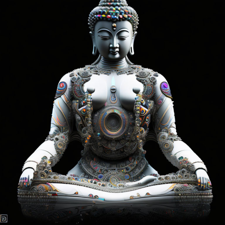 Colorful Meditating Figure in Ornate Patterns on Dark Background