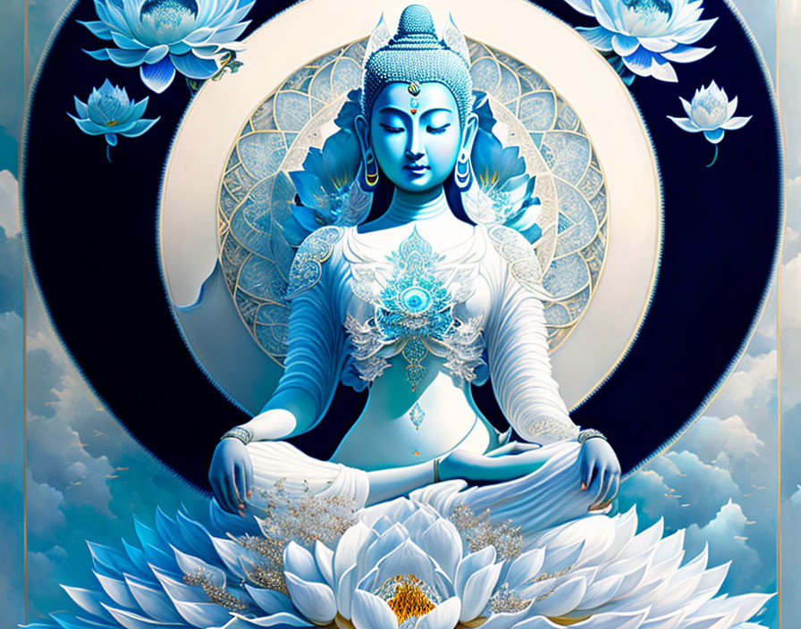 Blue Meditative Figure Among Lotus Flowers and Geometric Patterns