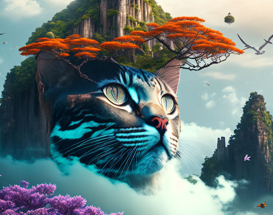 Surreal image: Cat face merges with vibrant landscape