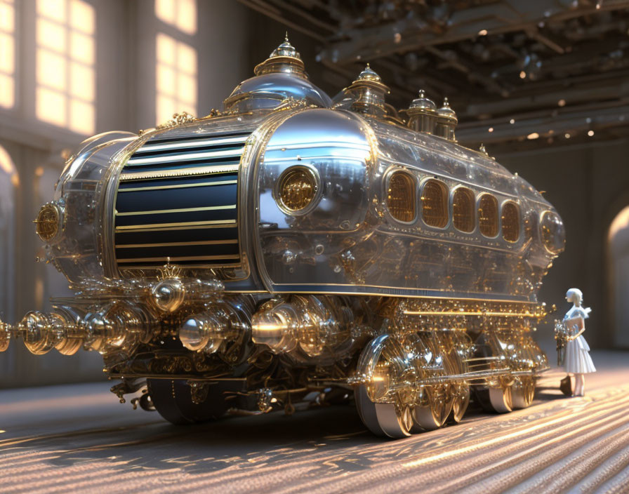 Elaborately detailed steampunk-style train in opulent hall