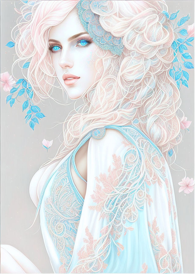 Illustration of woman with curly blonde hair, blue leaves, headdress, blue eyes, pink scarf