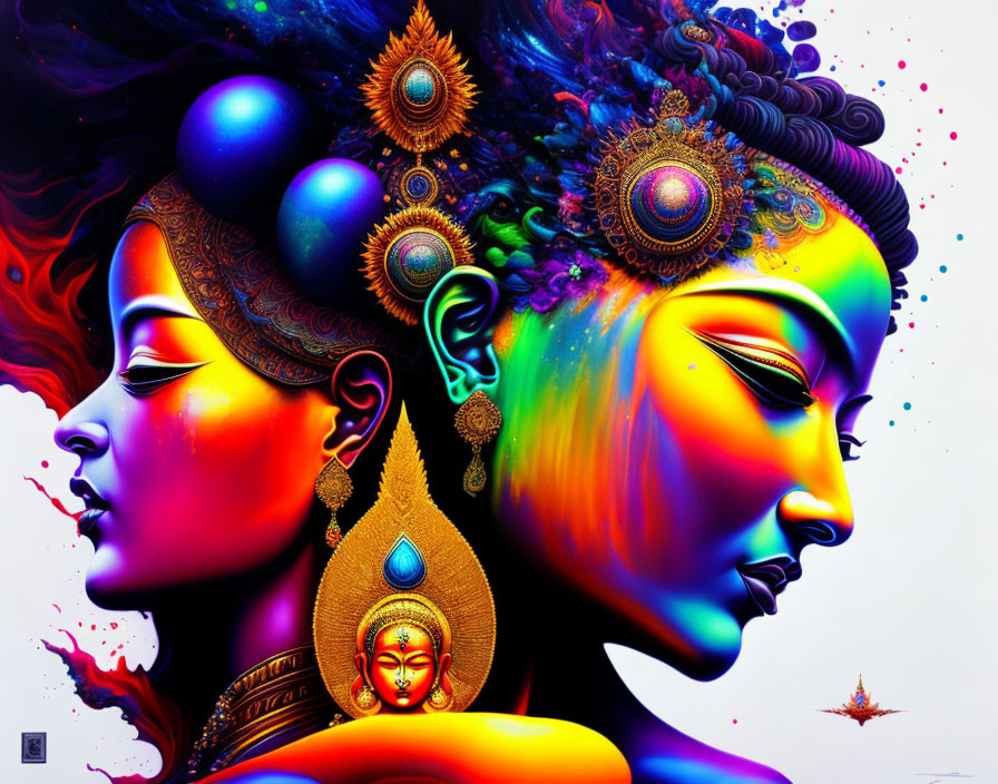 Vibrant digital art: Two serene faces with Indian adornments and Buddha figure