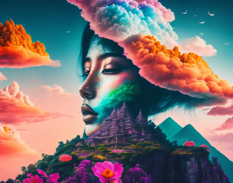 Surreal portrait blending woman's face with vibrant landscapes, pink clouds, flying birds, mountain,