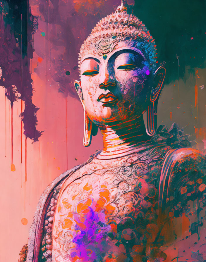 Vibrant pink and purple Buddha statue with dripping paint effect