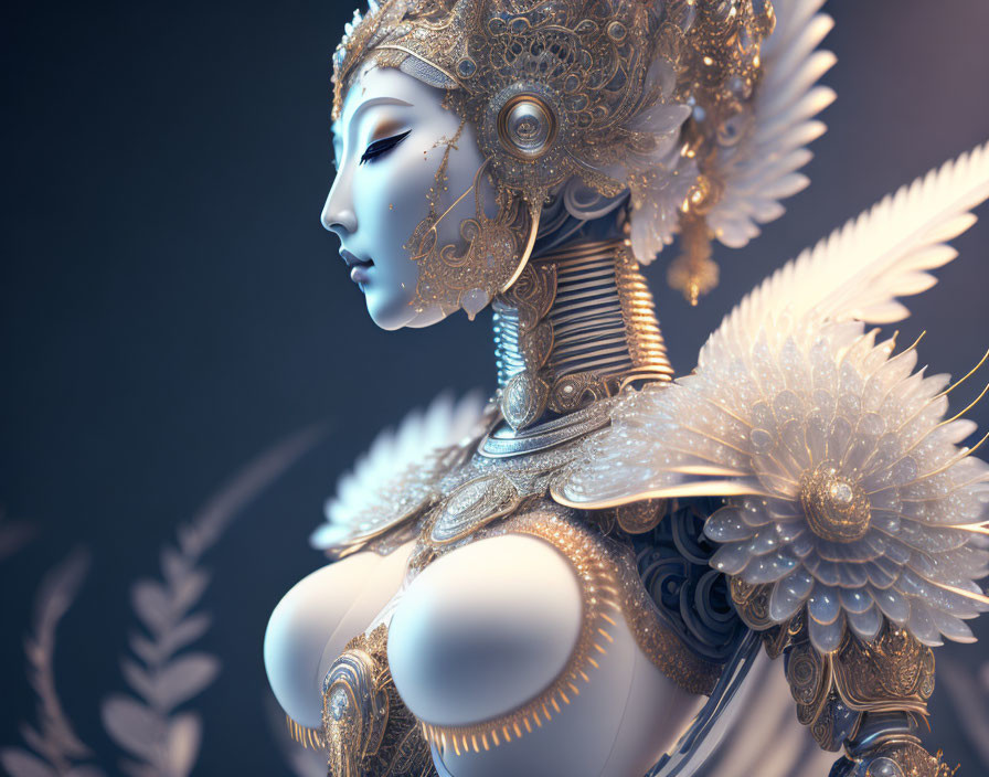 Detailed 3D illustration of female figure in ornate gold and white mechanical armor