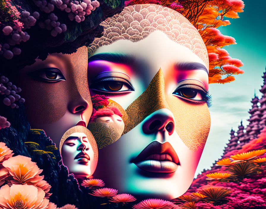 Surreal artwork: Vibrant female faces with intricate patterns in colorful fantasy landscape