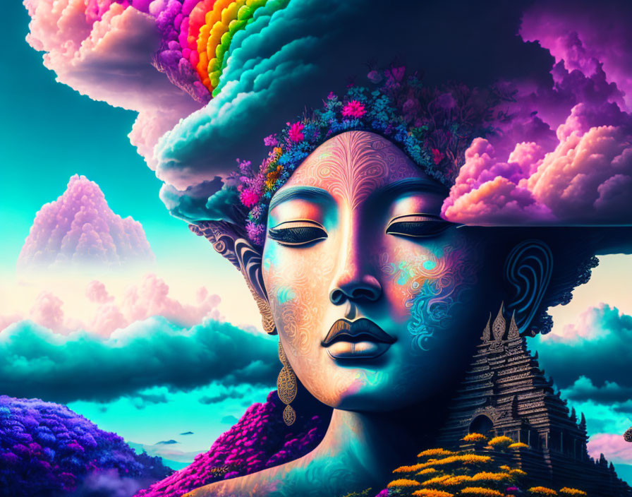 Colorful digital artwork: serene female face with floral patterns against sky and temple silhouette