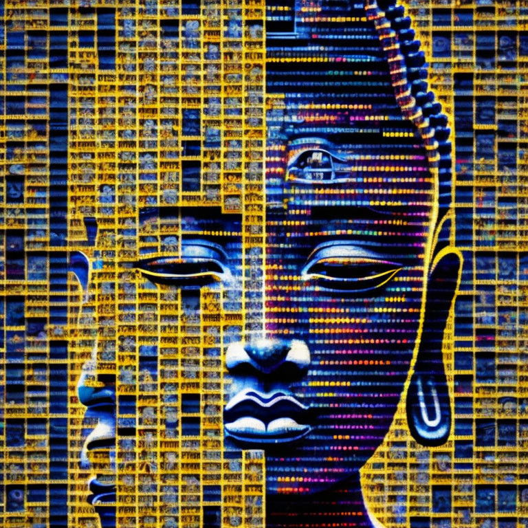 Stylized blue faces on yellow background with text and barcode patterns