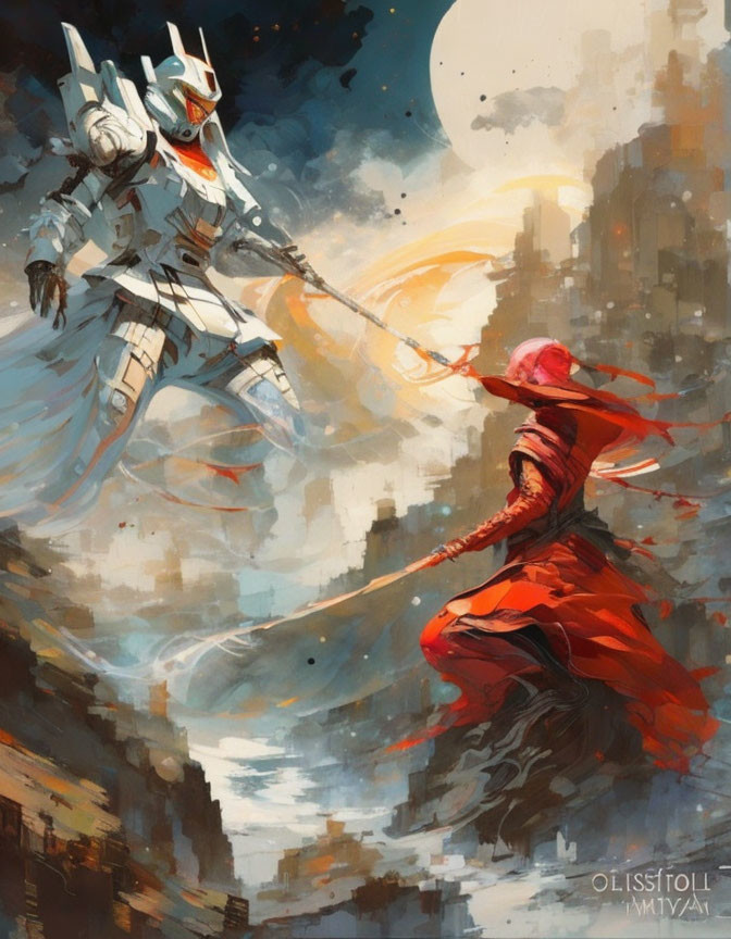 Futuristic warriors in white and red armor duel in painterly backdrop