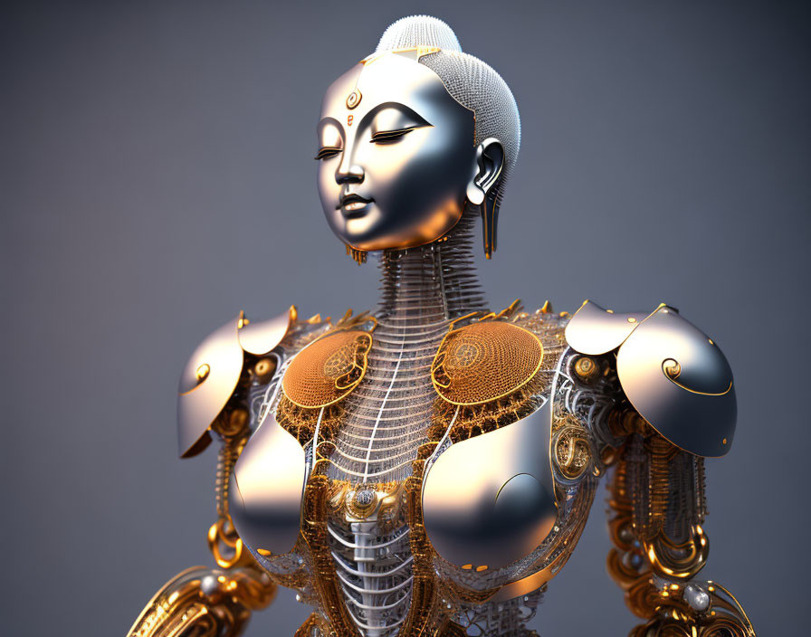 Detailed humanoid robot with gold and silver accents and intricate gears