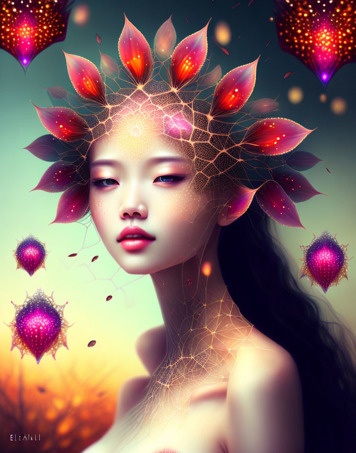 Surreal portrait of woman with glowing floral crown and floating orbs