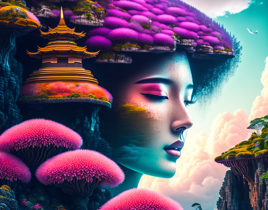 Surreal woman's profile merges with vibrant landscape and temple