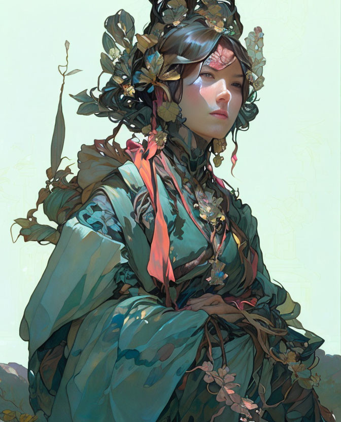 Serene woman in green robe with floral headdress gazes pensively