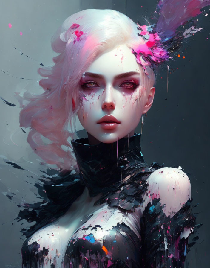 Digital artwork of pale woman with white hair splattered in pink and black paint on grey background