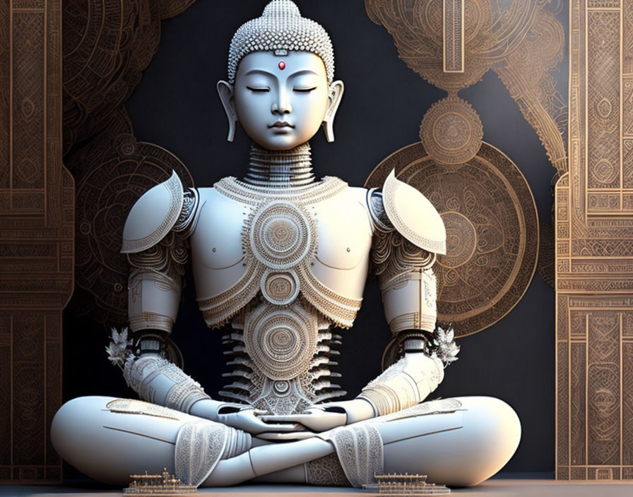 Detailed 3D robotic figure in meditative pose against ornate background