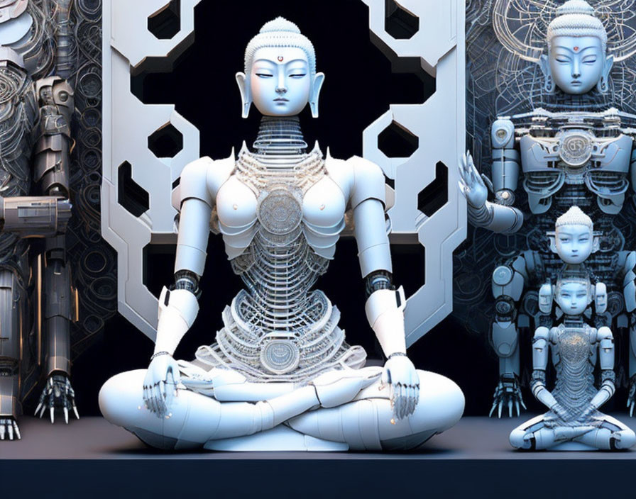 Robotic Buddhist figures in futuristic setting