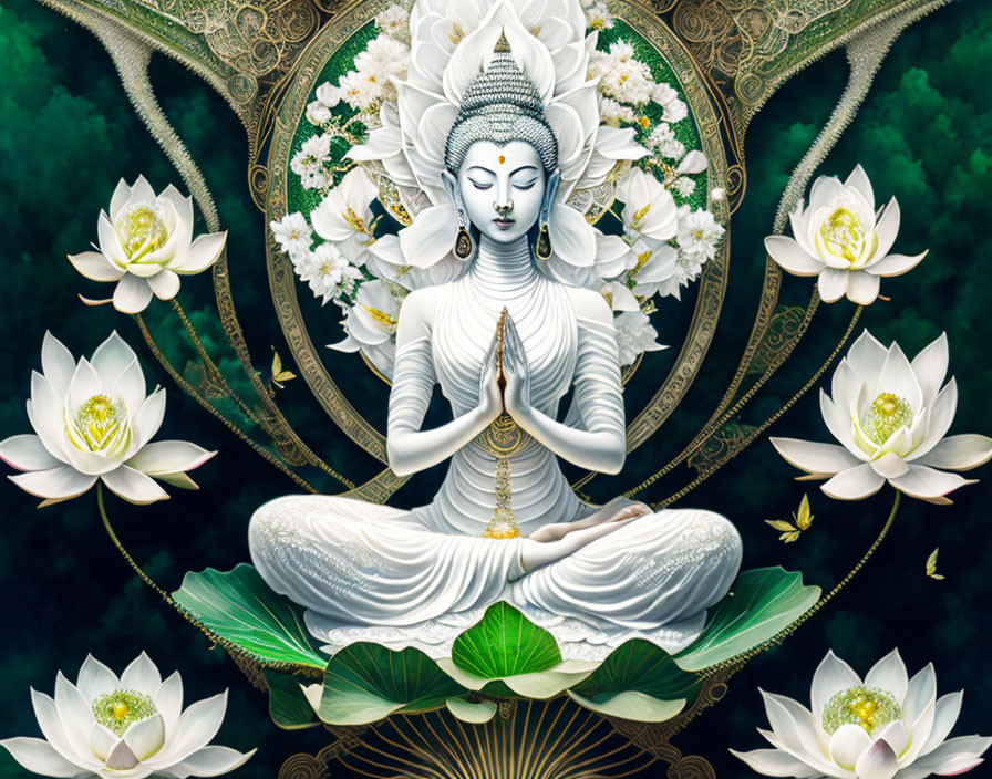 Meditating deity with multiple arms and lotuses on dark green background