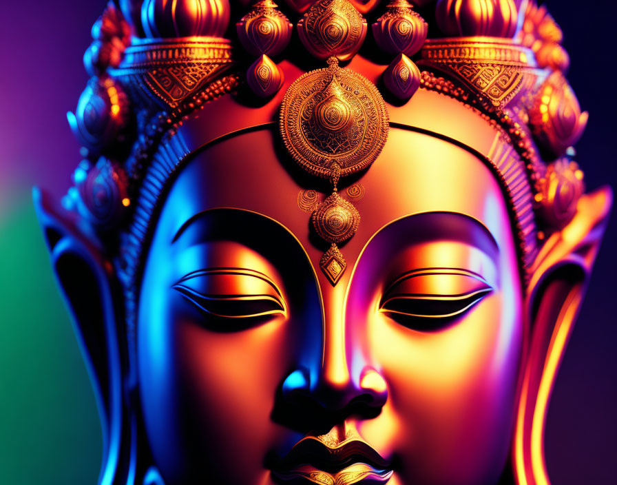 Golden Buddha statue face with ornate head ornaments on colorful gradient background