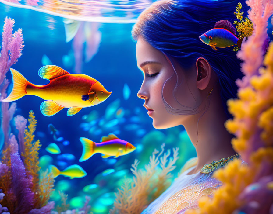 Woman underwater surrounded by colorful fish and vibrant coral.