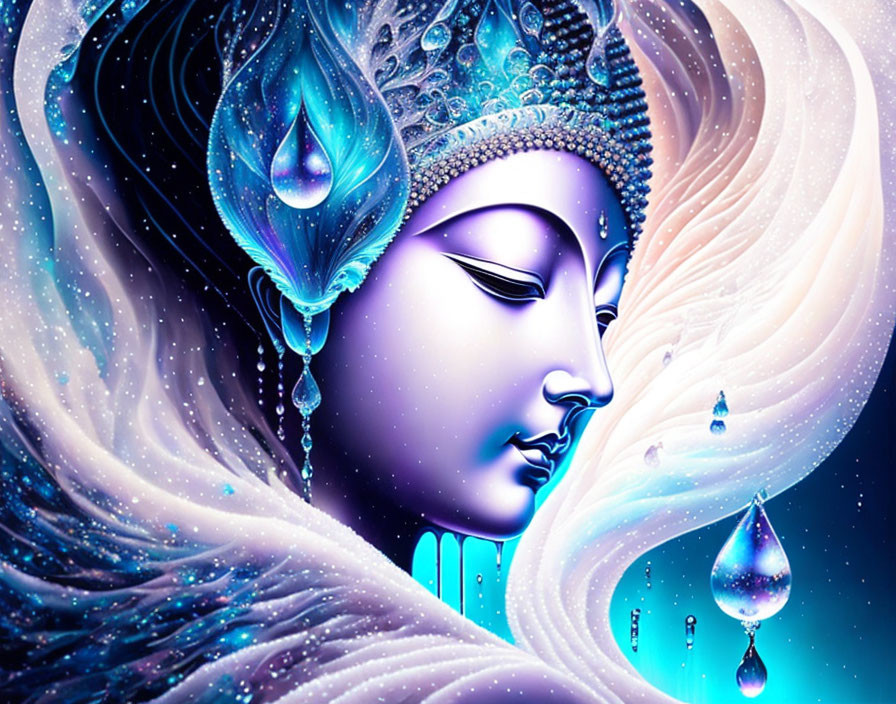 Stylized face with elaborate blue headgear against cosmic backdrop